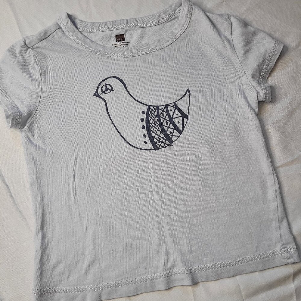 Tea Collection light blue short sleeve girl's shirt with bird, GUC, size 4